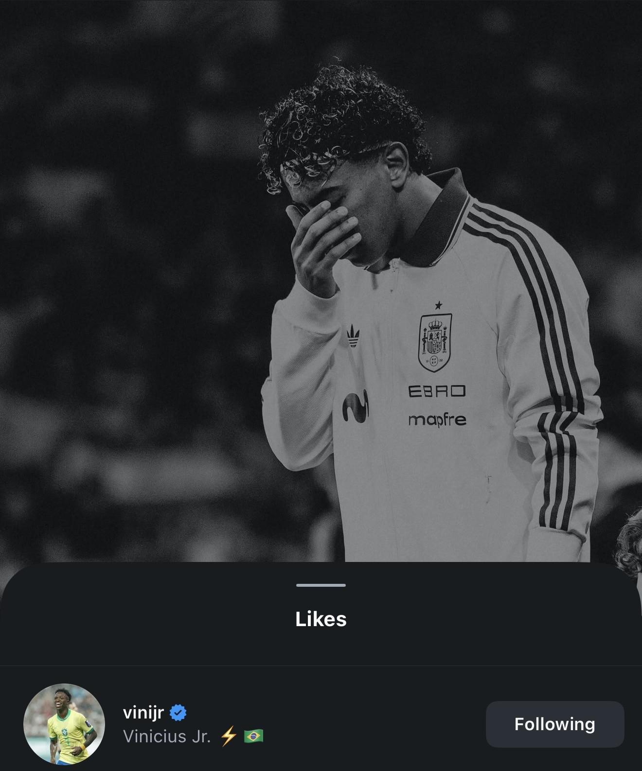 bob半岛体育官方入口-反对歧视，维尼修斯点赞亚马尔谴责种族歧视的动态